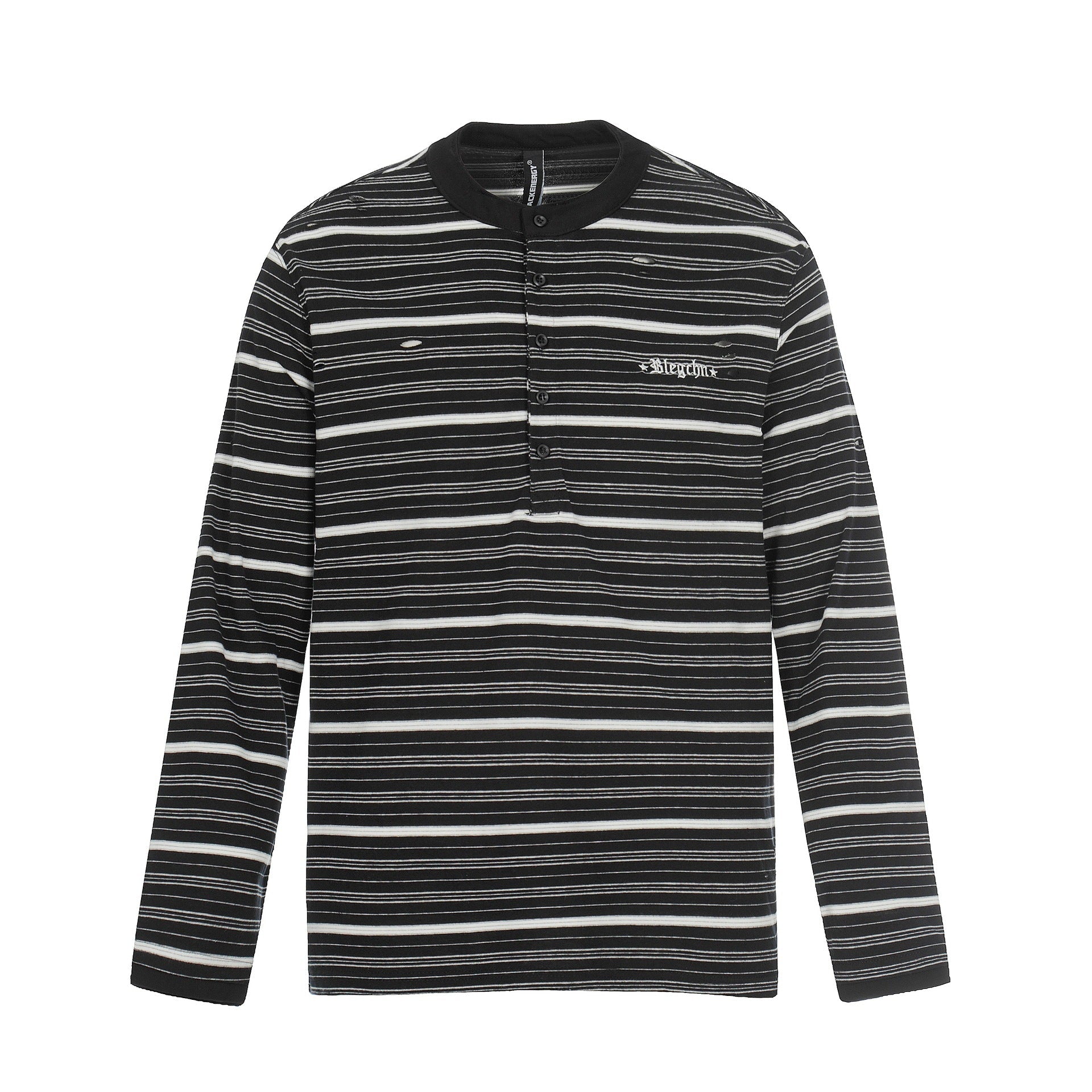 Men's Long Sleeve Henley Shirt with Striped Pattern and Distressed Details Chichicherry