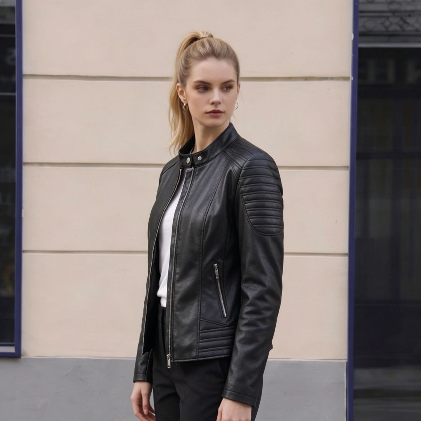 Women's Tailored Faux Leather Biker Jacket with Stand Collar and Quilted Details Chichicherry