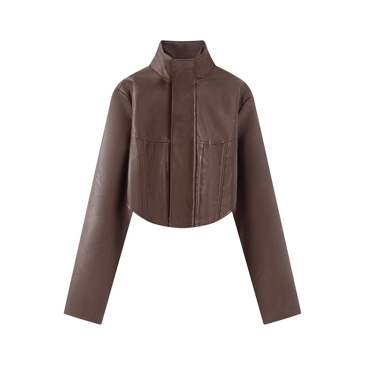 Ladies Cropped Leather-look Jacket with Tailored Corset Division and Standing Collar Chichicherry