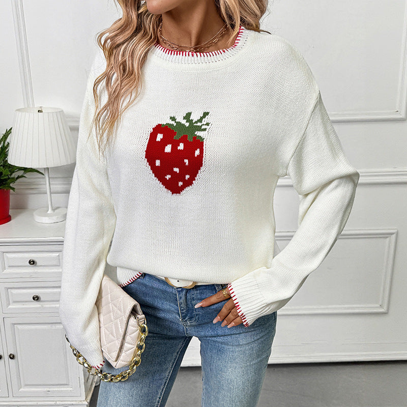 Women's Casual Boxy Knit Sweater with Strawberry Intarsia, Ribbed Hem and Round Neckline Chichicherry
