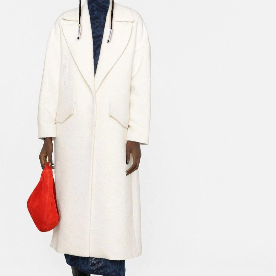 Women's Long Boucle Coat with Boxy Silhouette and Flap Pockets Chichicherry