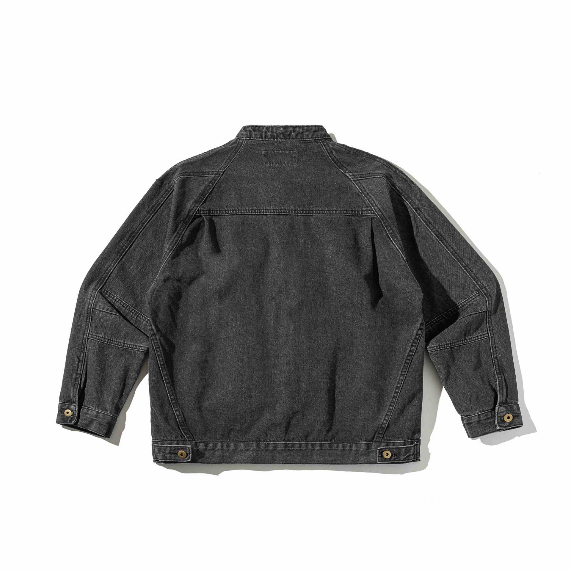 Unisex Boxy Denim Jacket with Stand-up Collar, distinctive seam piping and Button Placket Chichicherry