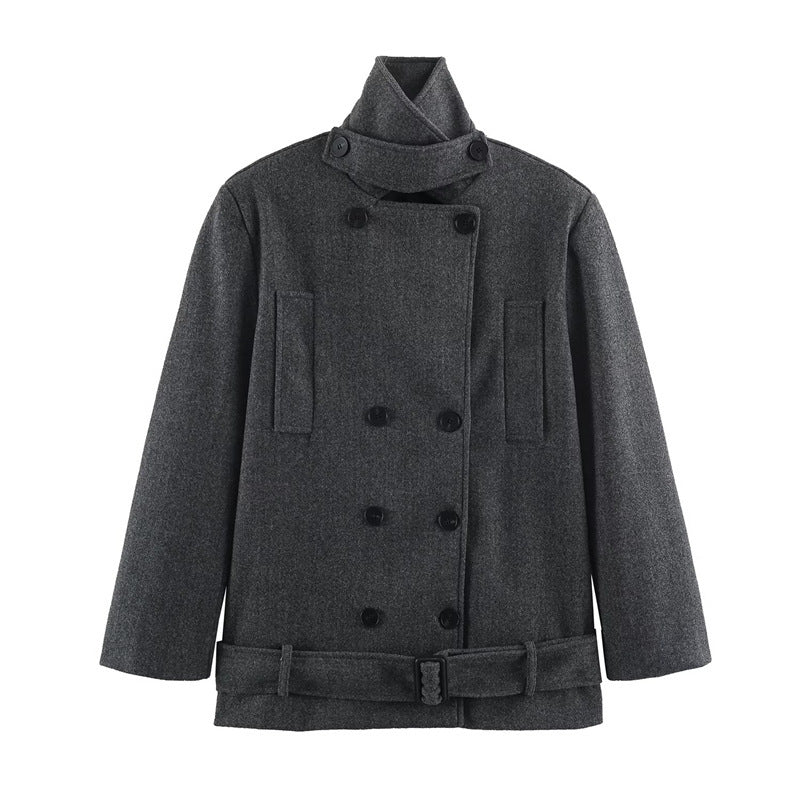 Men's short double-breasted wool coat with stand collar and waist belt Chichicherry