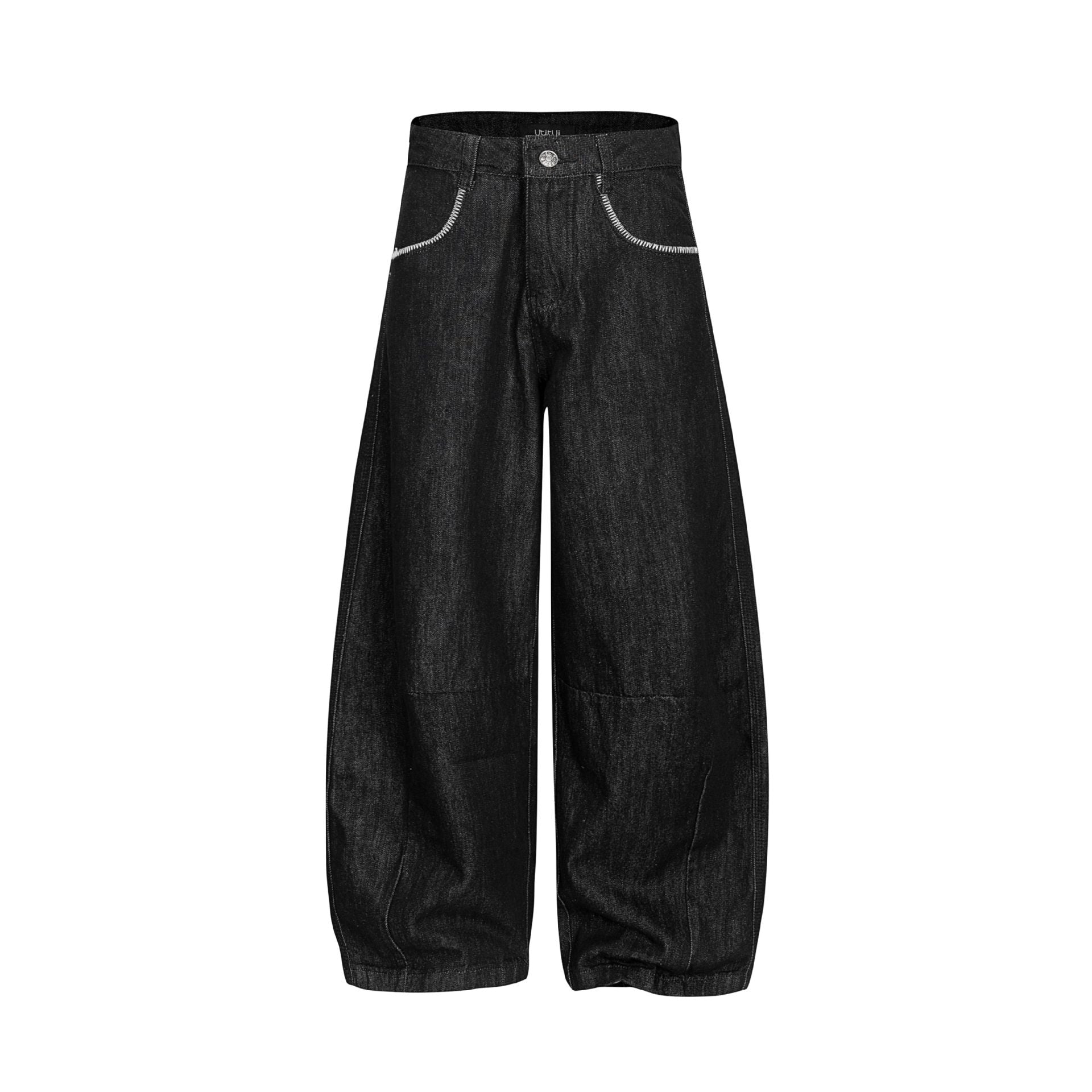Women's wide denim culotte-style trousers with a high waist and elastic hem.