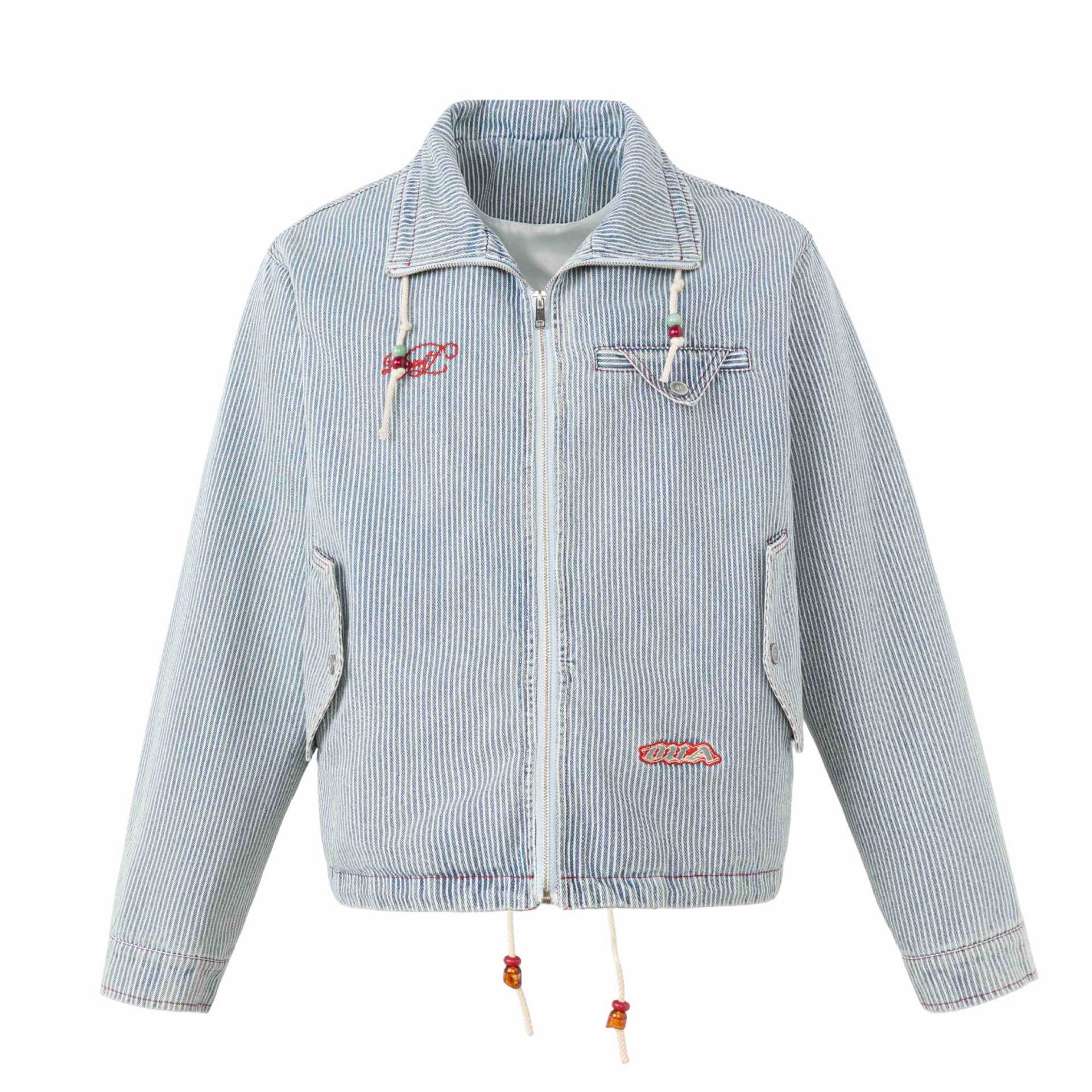 Unisex Short Striped Denim Blouson Jacket with Decorative Cords Chichicherry