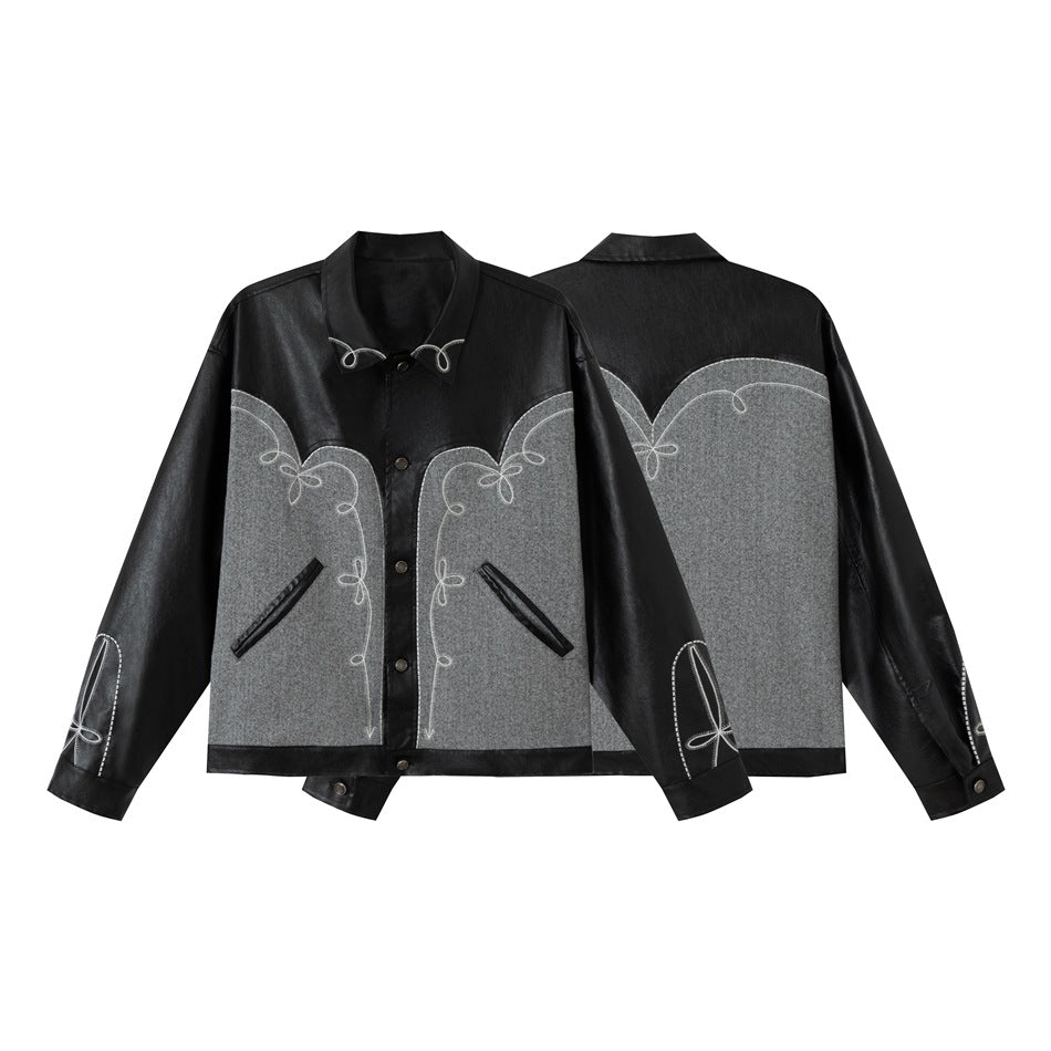 Unisex Boxy Blouson made of faux leather and wool blend with Western embroidery Chichicherry
