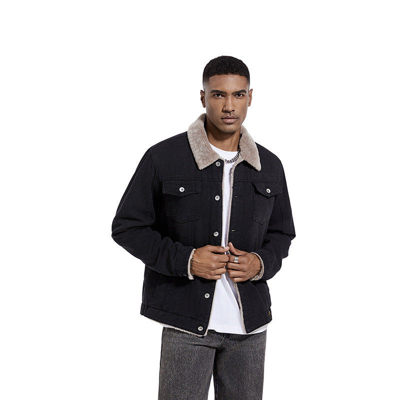 Men's Robust Denim Trucker Jacket with Sherpa Lining and Teddy Collar Chichicherry