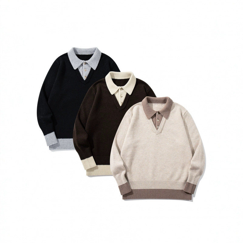Men's Oversized Fine Knit Polo with Contrast Trim Shirt Collar and Ribbed Cuffs Chichicherry