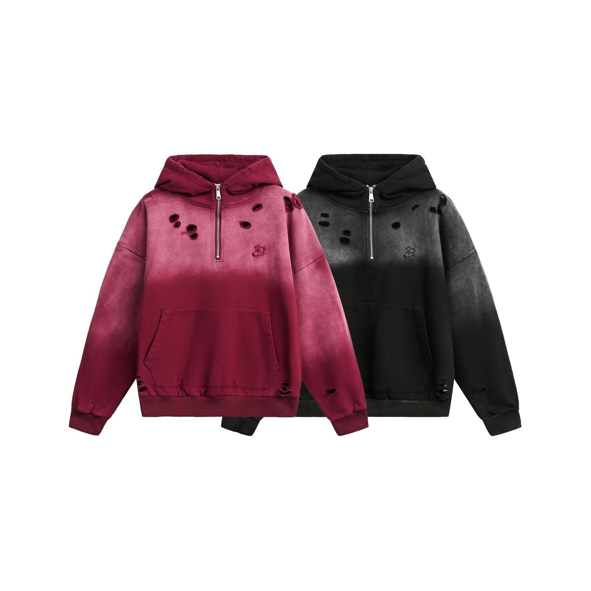 Unisex Oversize Hoodie with Half Zipper, Distressed Details and Kangaroo Pocket Chichicherry