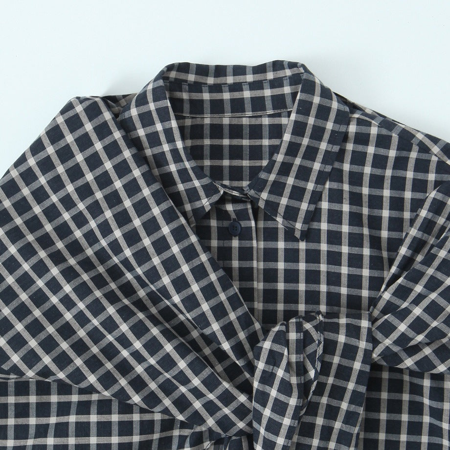 Women Checked Blouse Shirt with Asymmetrical Scarf Detail Chichicherry
