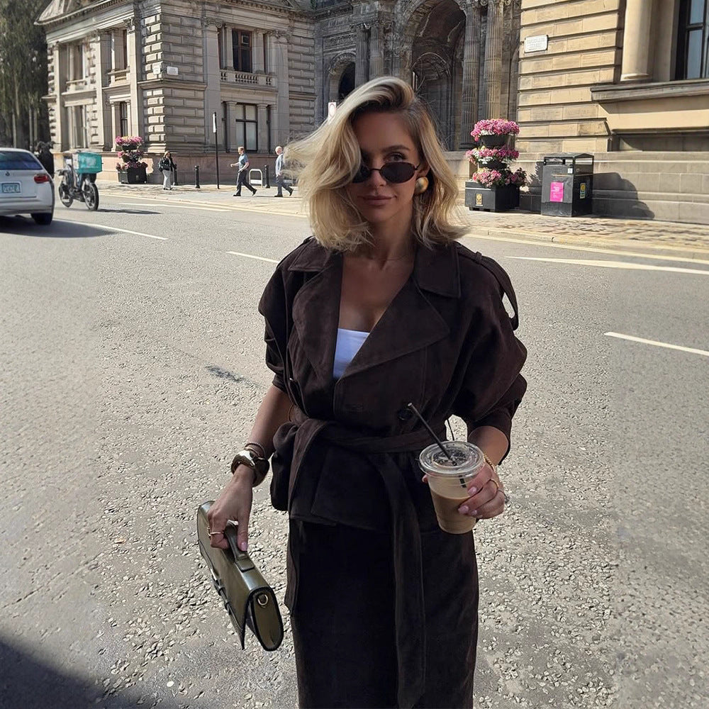 Women Velvet-Suede Trench Coat with Waist Belt and Peplum Silhouette Chichicherry