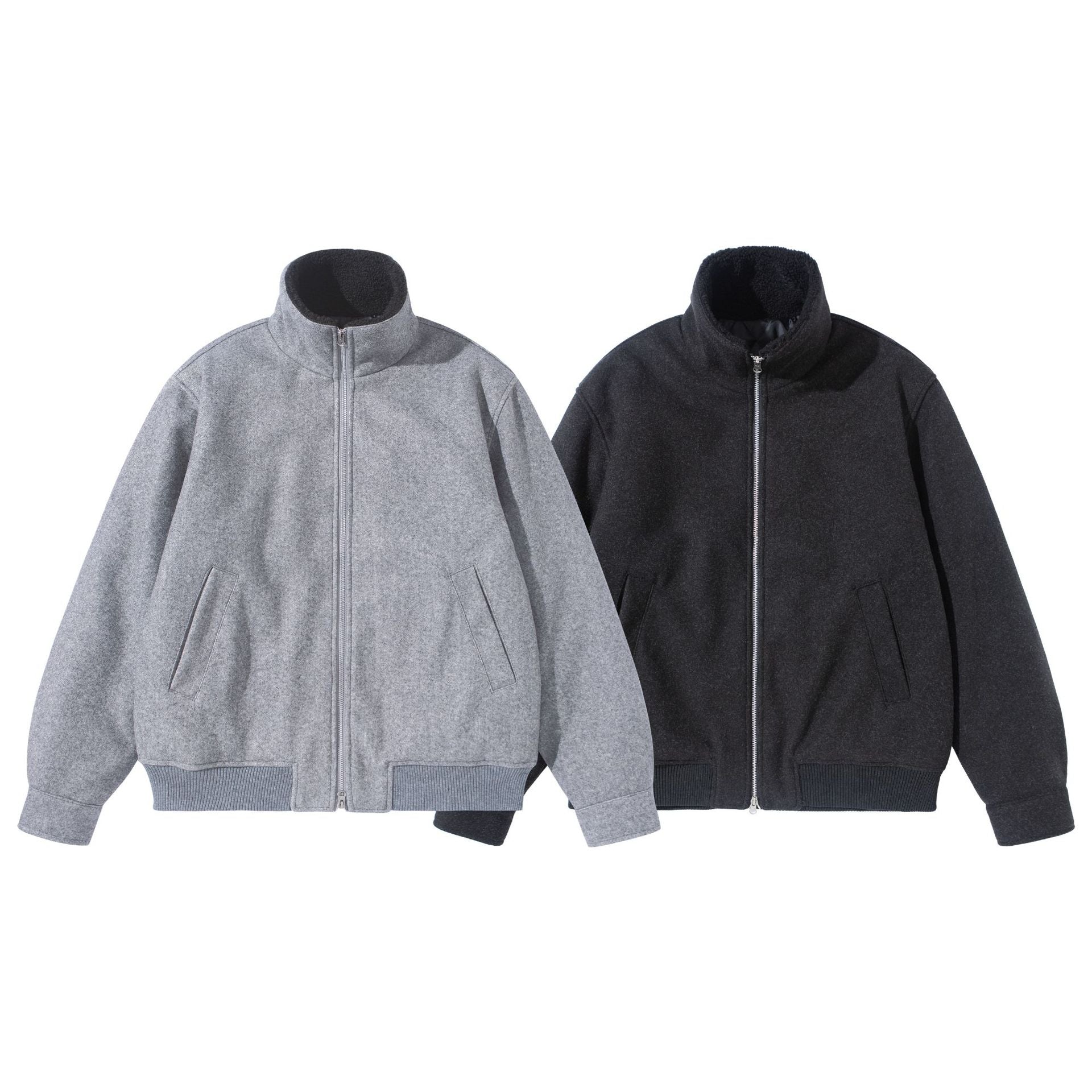Unisex Boxy Wool Felt Bomber Jacket with High Stand-Up Collar, Fleece Lining and Ribbed Hem Chichicherry