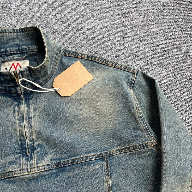 Herren Denim-Pulloverjacke im Vintage-Look mit Halbzip und Stehkragen Chichicherry