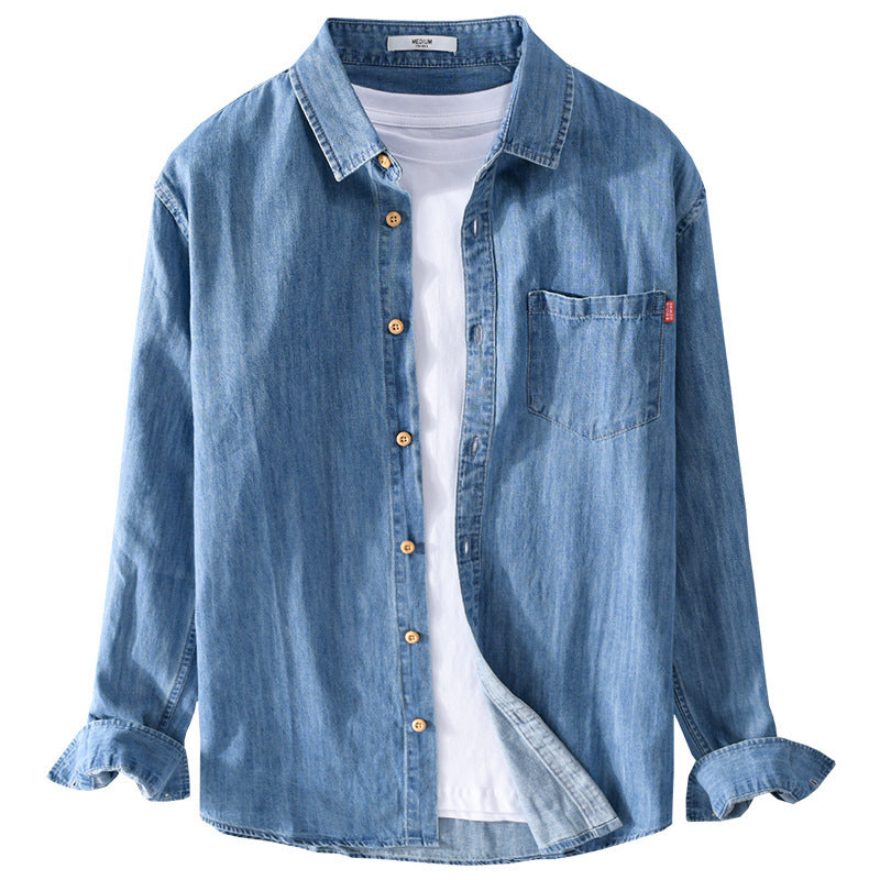 Men's Lightweight Denim Shirt in Relaxed Fit with Chest Pocket and Wood Button Placket Chichicherry