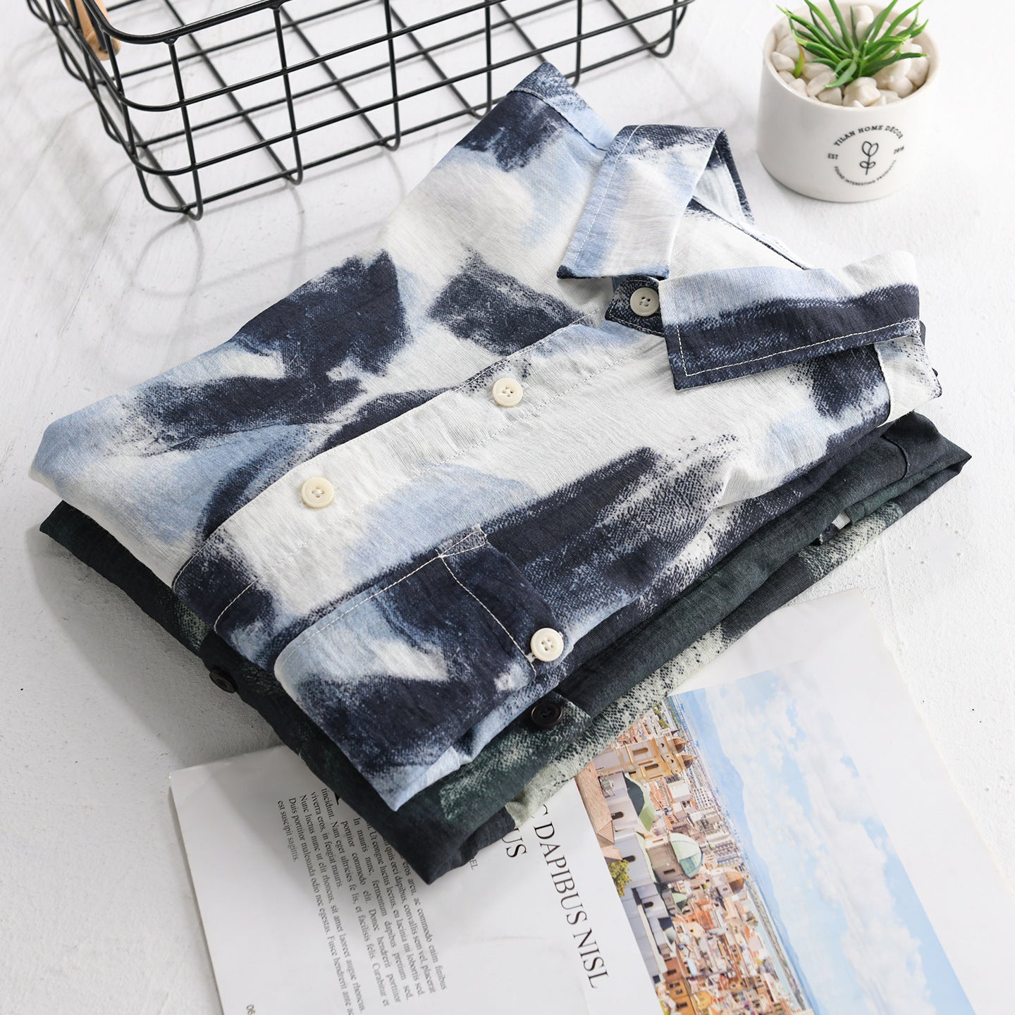 Men's Long Sleeve Shirt Jacket with Abstract Brush Print and Fine Crinkle Structure Chichicherry