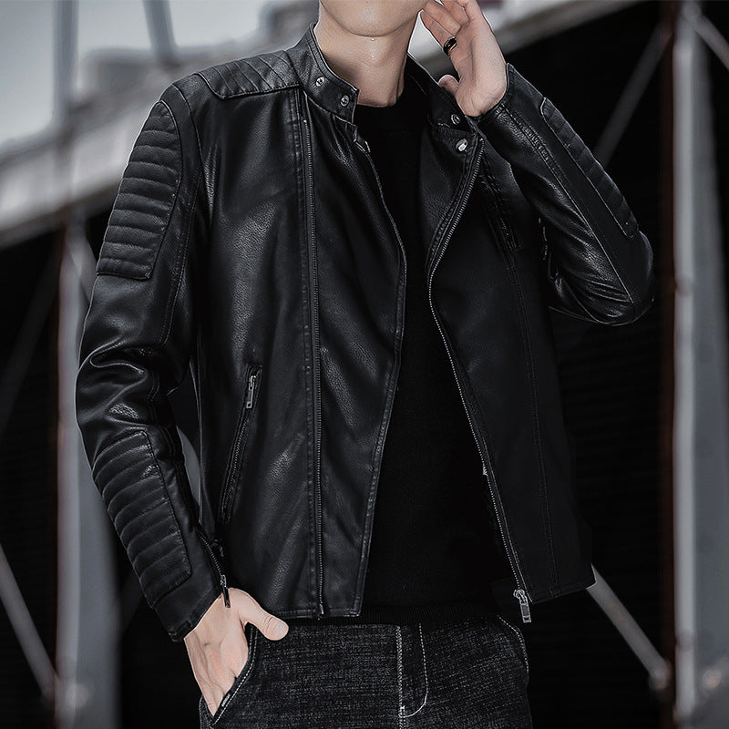 Men's biker jacket made of synthetic leather with quilted sleeve yoke and stand-up collar Chichicherry