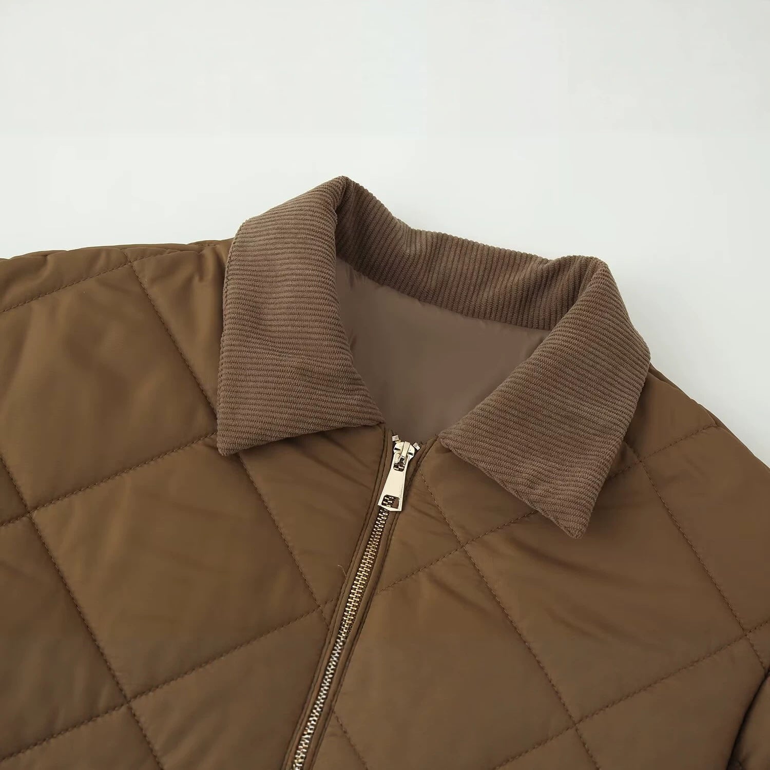 Women Long Quilted Coat with Cord Collar and Zipper Chichicherry