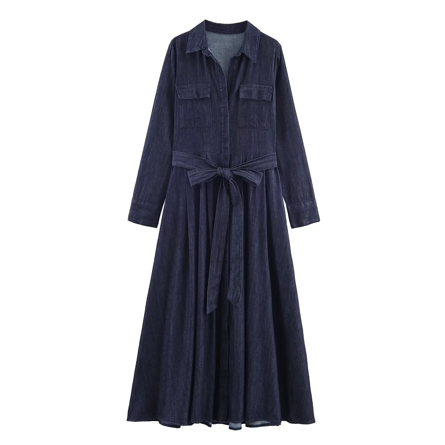 Women's Long Denim Shirt Dress with Waistband and Patch Chest Pockets Chichicherry
