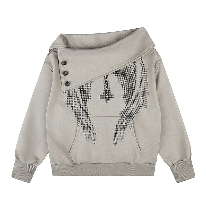 Women Asymmetric Sweatshirt with Wide Collar, Decorative Button Placket and Bead Application Chichicherry