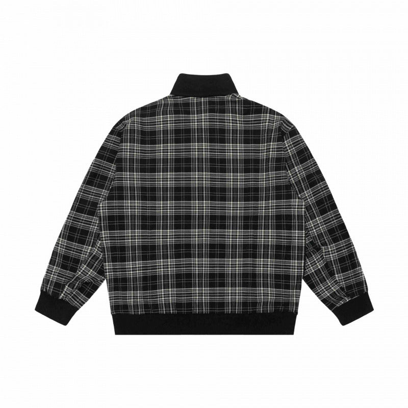 Unisex Short Cut Zip Jacket in Boxy Style with Check Arm Tape and Stand-Up Collar Chichicherry