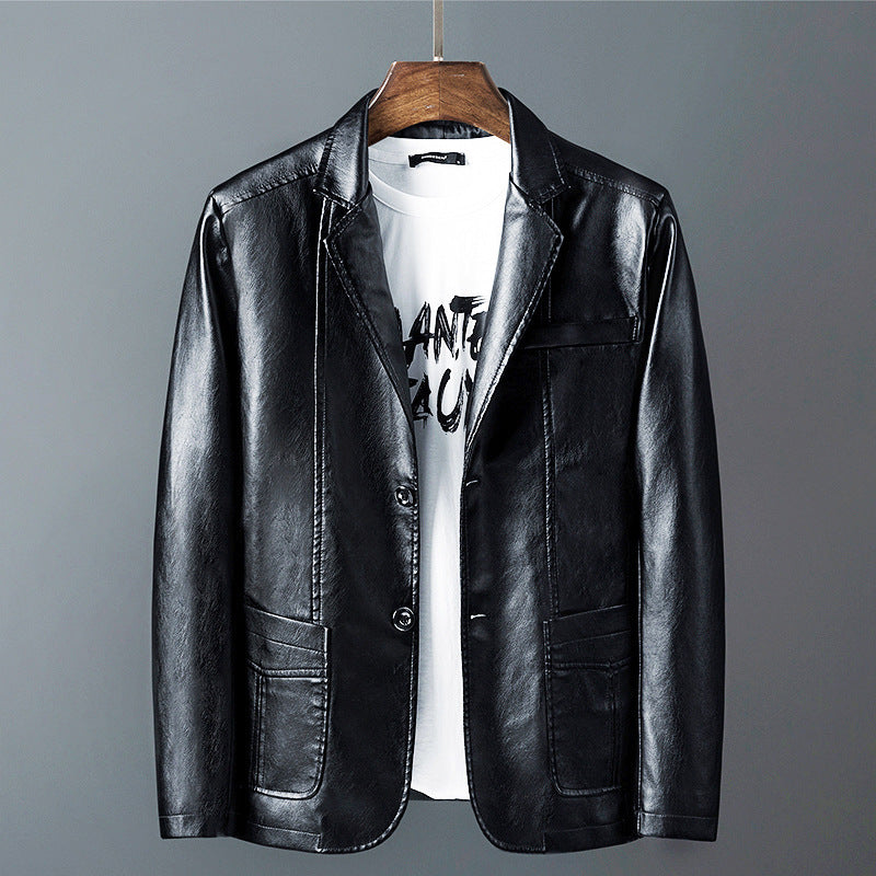 Men's Faux Leather Blazer in Slim Fit with Shirt Collar, Flap Pockets, and Elegant Pilot Silhouette Chichicherry