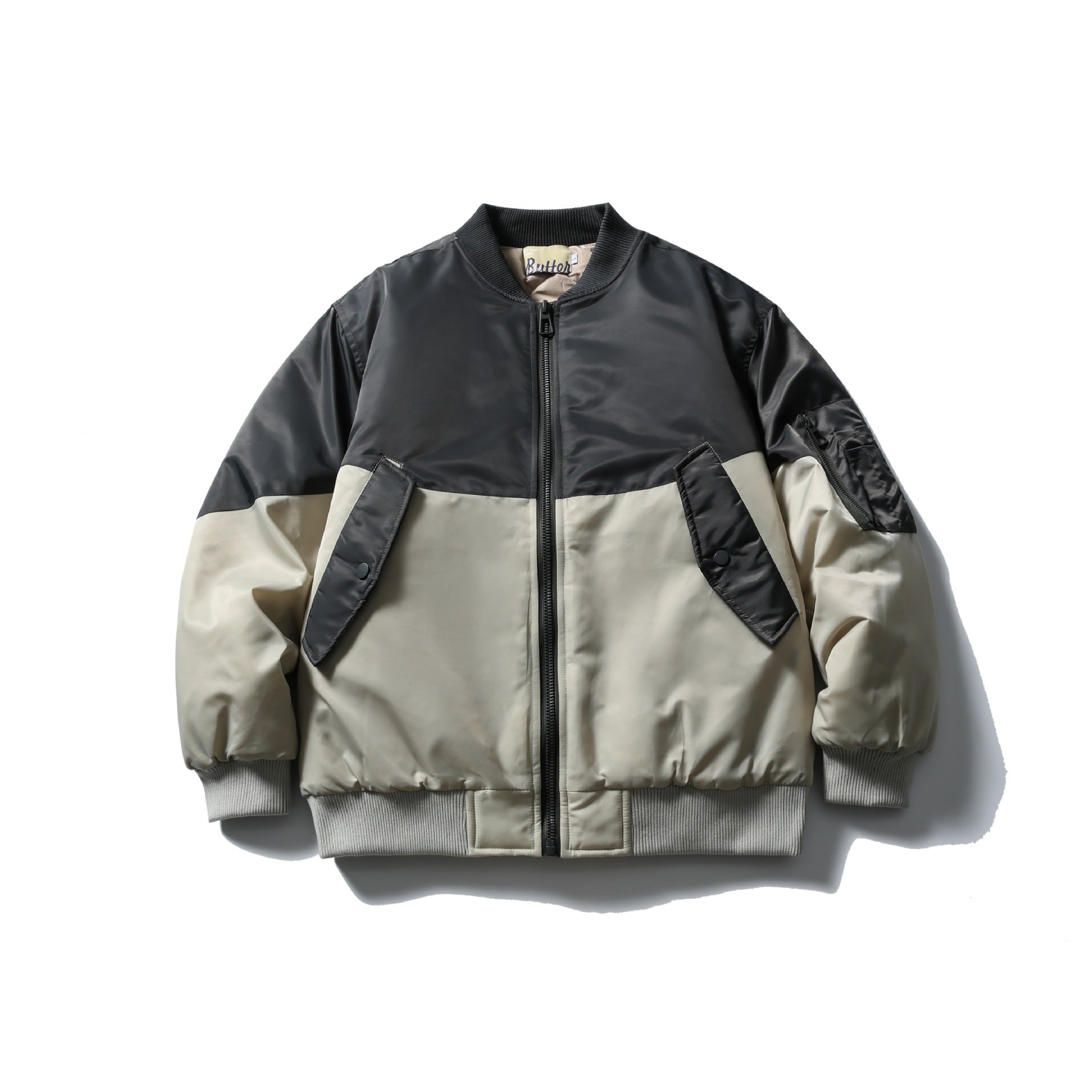 Unisex Short Cut Two-Tone Nylon Bomber Jacket with Utility Flap Pockets and Sleeve Zipper Chichicherry