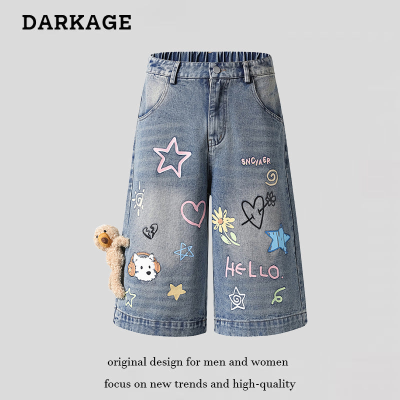 Women's playful denim culotte shorts with a high comfort waistband, allover doodle print & teddy pendant Chichicherry