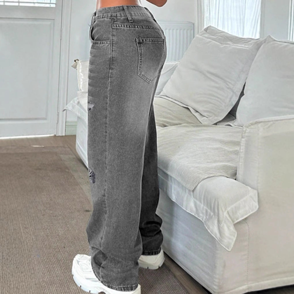 Women's High-Waisted Loose Destroyed Jeans with Straight Leg Chichicherry