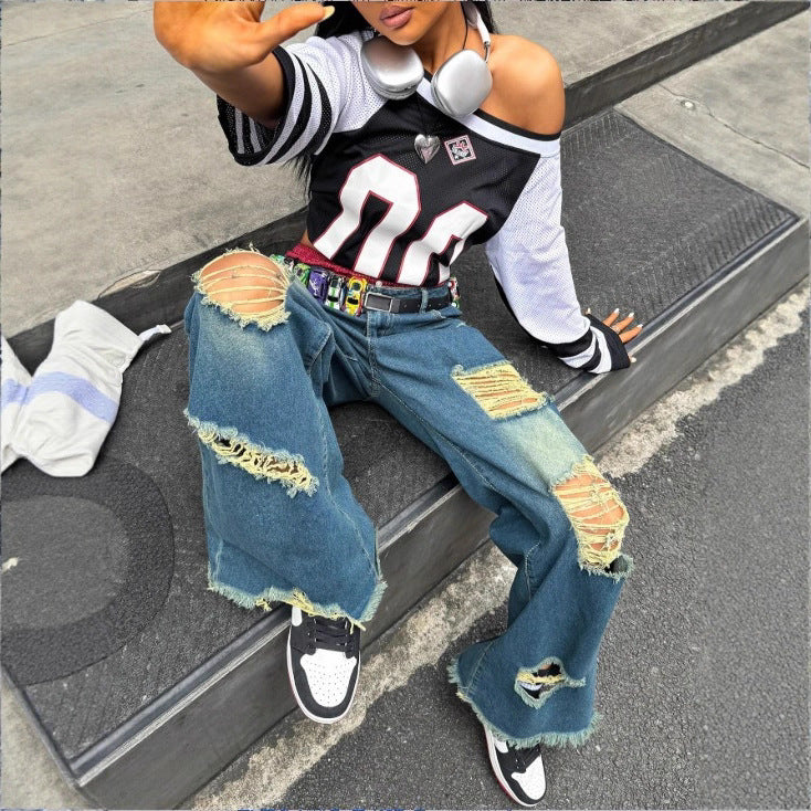 Women's wide Destroyed-Denim-Jeans with Neon Fringe Application Chichicherry
