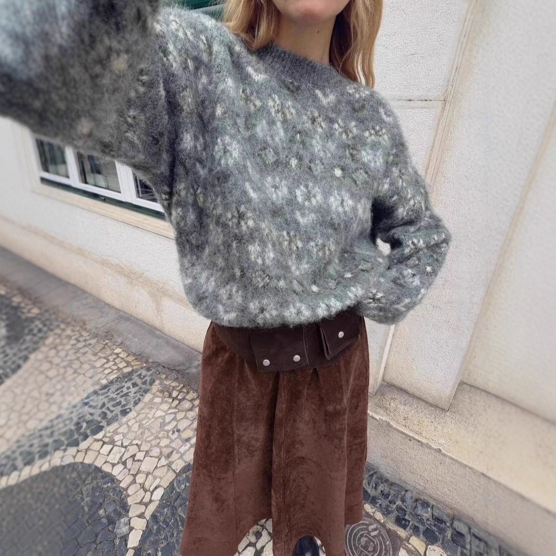 Women Oversize Jacquard Sweater made of soft Mohair mix with round neck Chichicherry