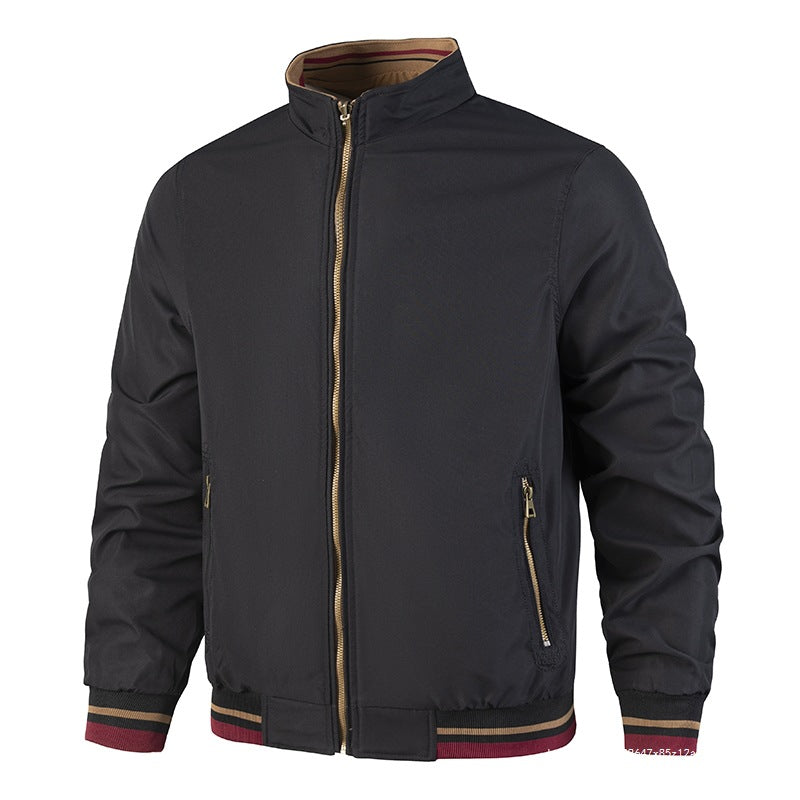 Men's Lightweight Bomber Jacket in Vintage Look with Stand Collar, Zipper Pockets and Striped Ribbed Cuffs Chichicherry