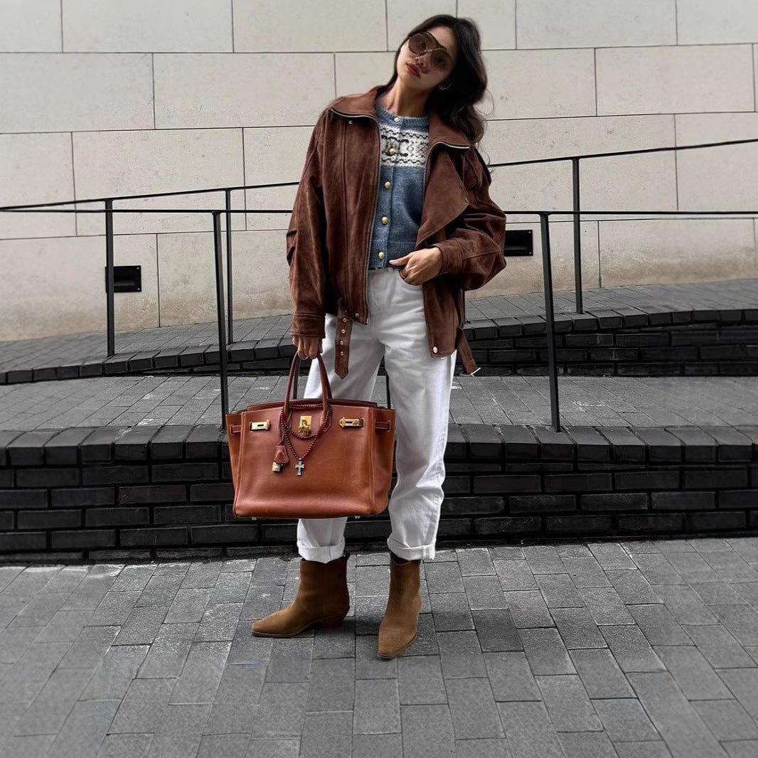 Women Oversized Suede Bomber Jacket with Waist Belt and Shawl Collar Chichicherry