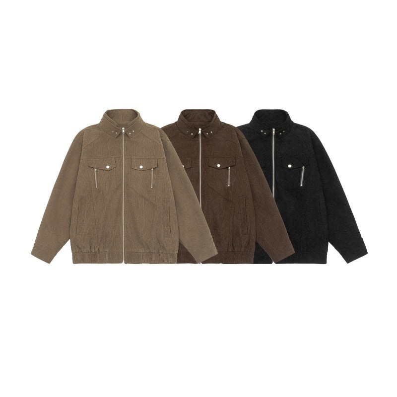 Men's short jacket made of teddy fleece with stand-up collar, patched chest pockets, and full-length zipper Chichicherry