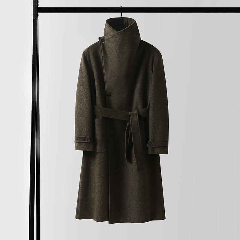 Men's Maxilength Wool Coat with High Stand-up Collar, Asymmetric Button Placket and Tied Belt Chichicherry