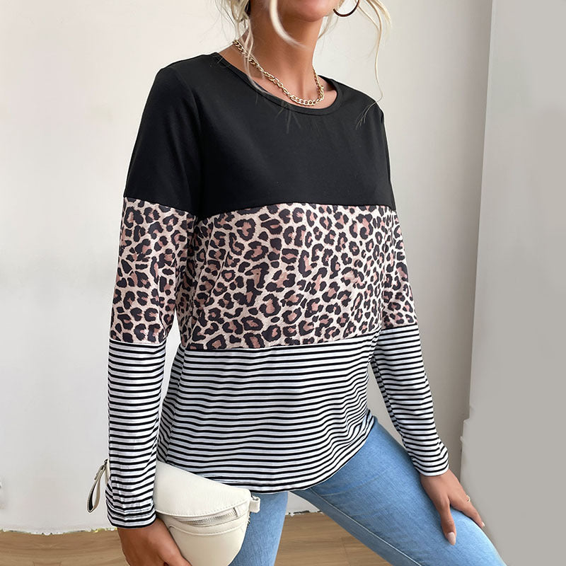 Women's Colorblock Long Sleeve Top with Leopard and Stripe Mix Chichicherry