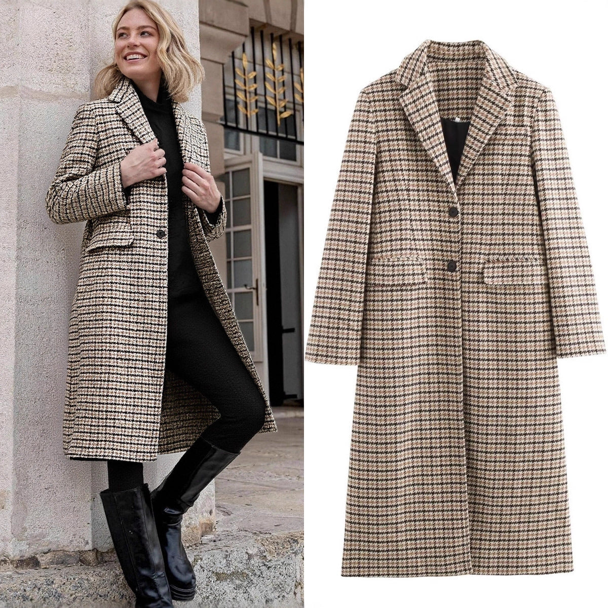 Women Long Houndstooth Coat with Lapel Collar, Two-Button Closure and Flap Pockets Chichicherry