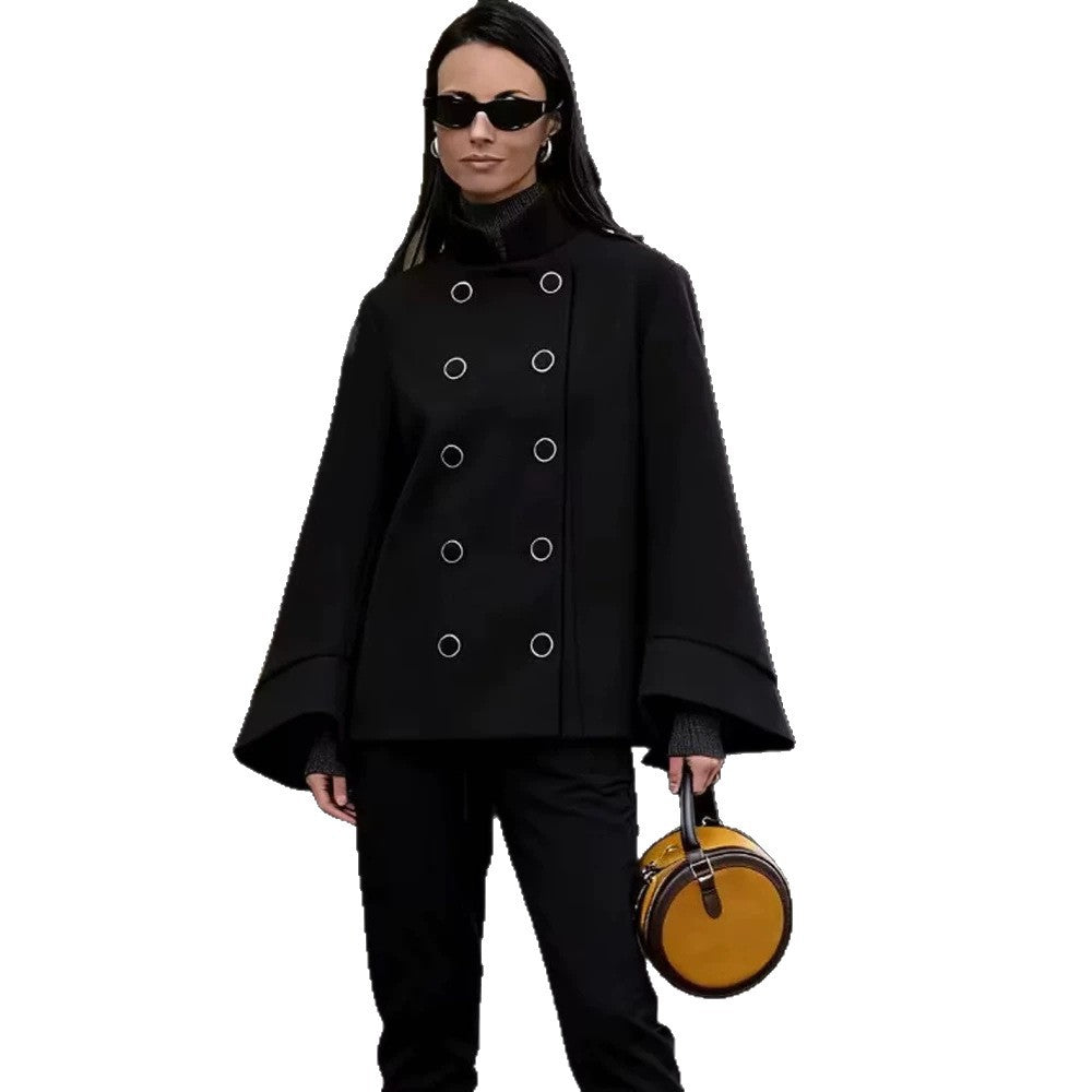 Women Short Cut Double Breasted Jacket with Stand-Up Collar, Eyelet Detail and Wide Cuffs Chichicherry