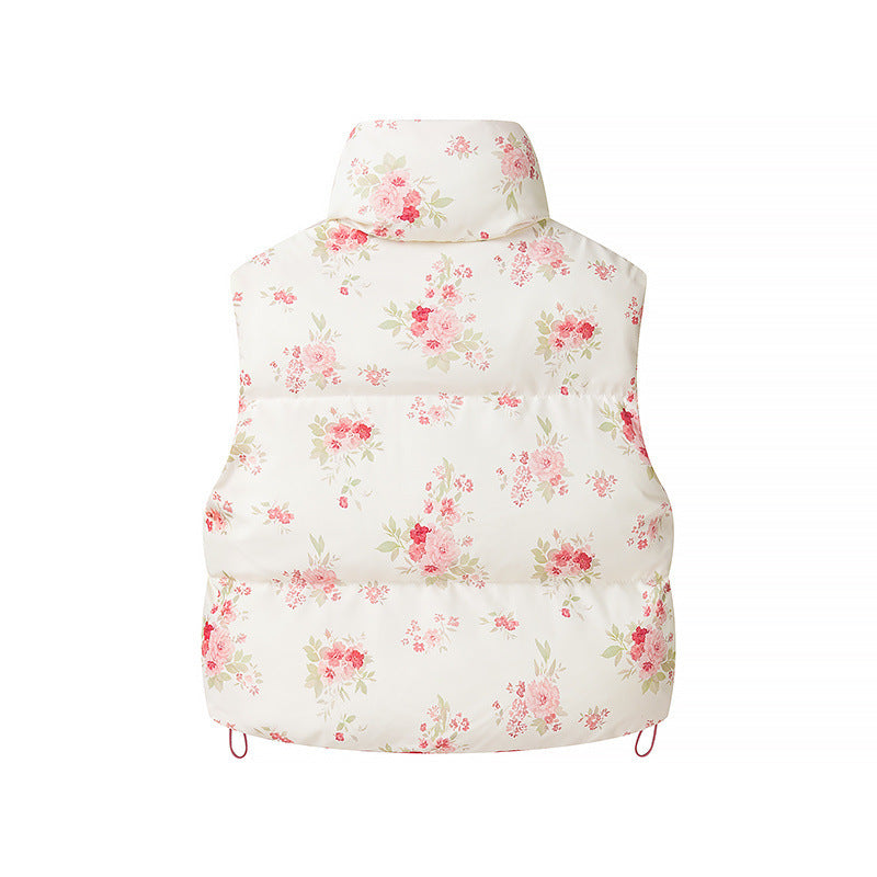 Women's Quilted Short Vest with Stand-Up Collar, Patchwork Bandana Print and Drawstring Chichicherry