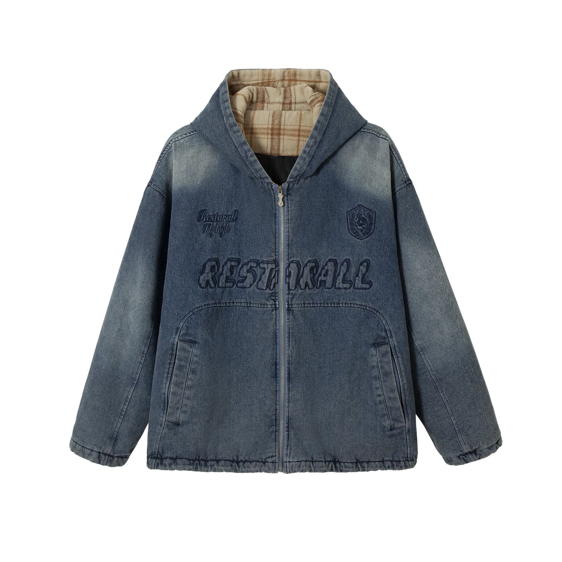 Men's Washed-Denim Hoodie in Oversized Look with Checked Lined Hood Chichicherry