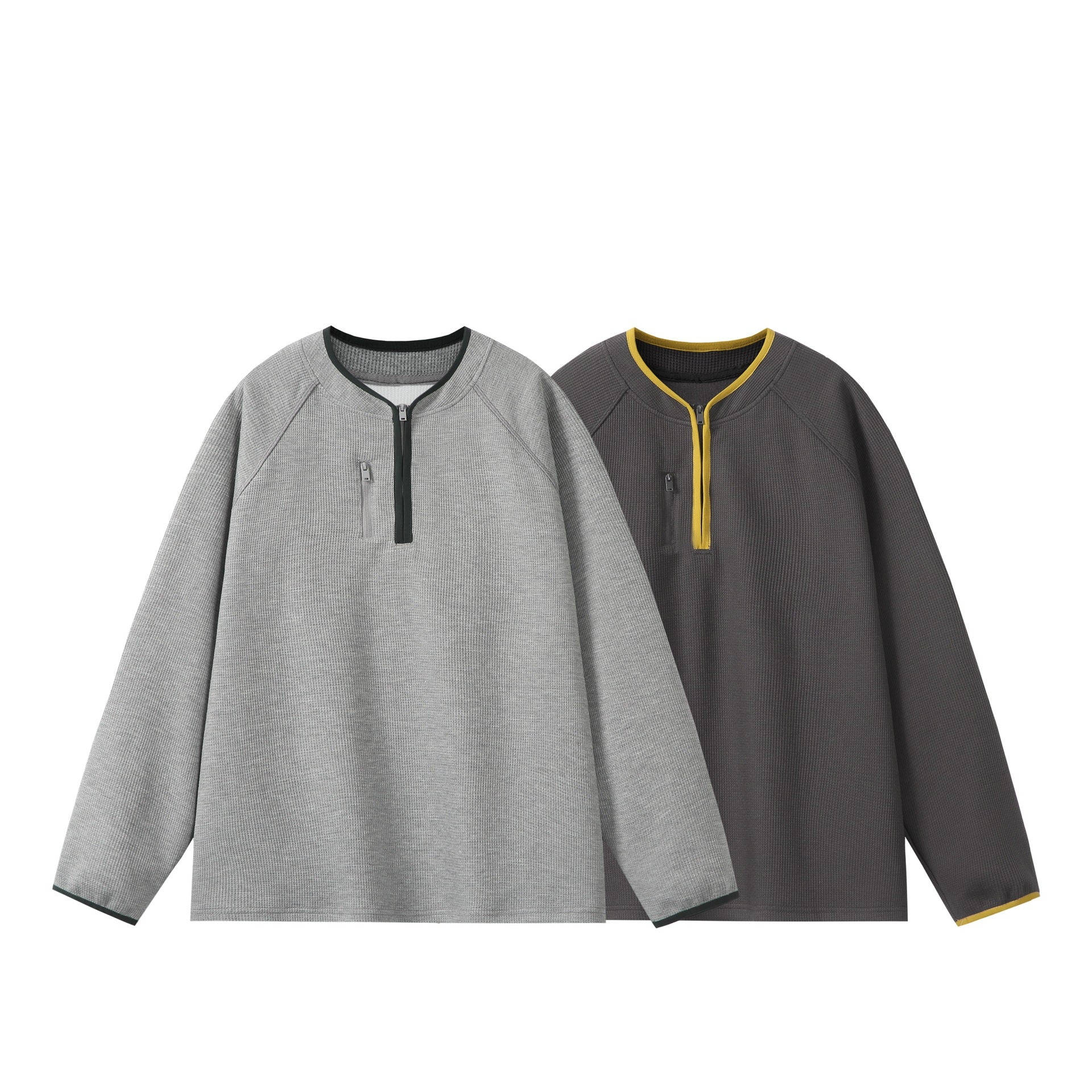 Unisex Relaxed-Fit Waffle Knit Half Zip with Concealed Chest Pocket and Raglan Sleeves Chichicherry