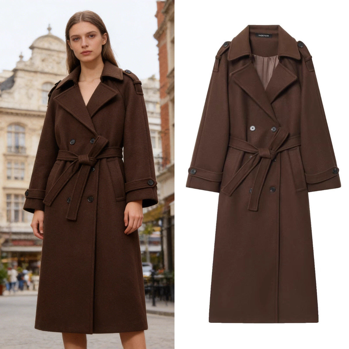 Women's Long Double-Breasted Wool Coat with Waist Belt and Epaulettes Chichicherry