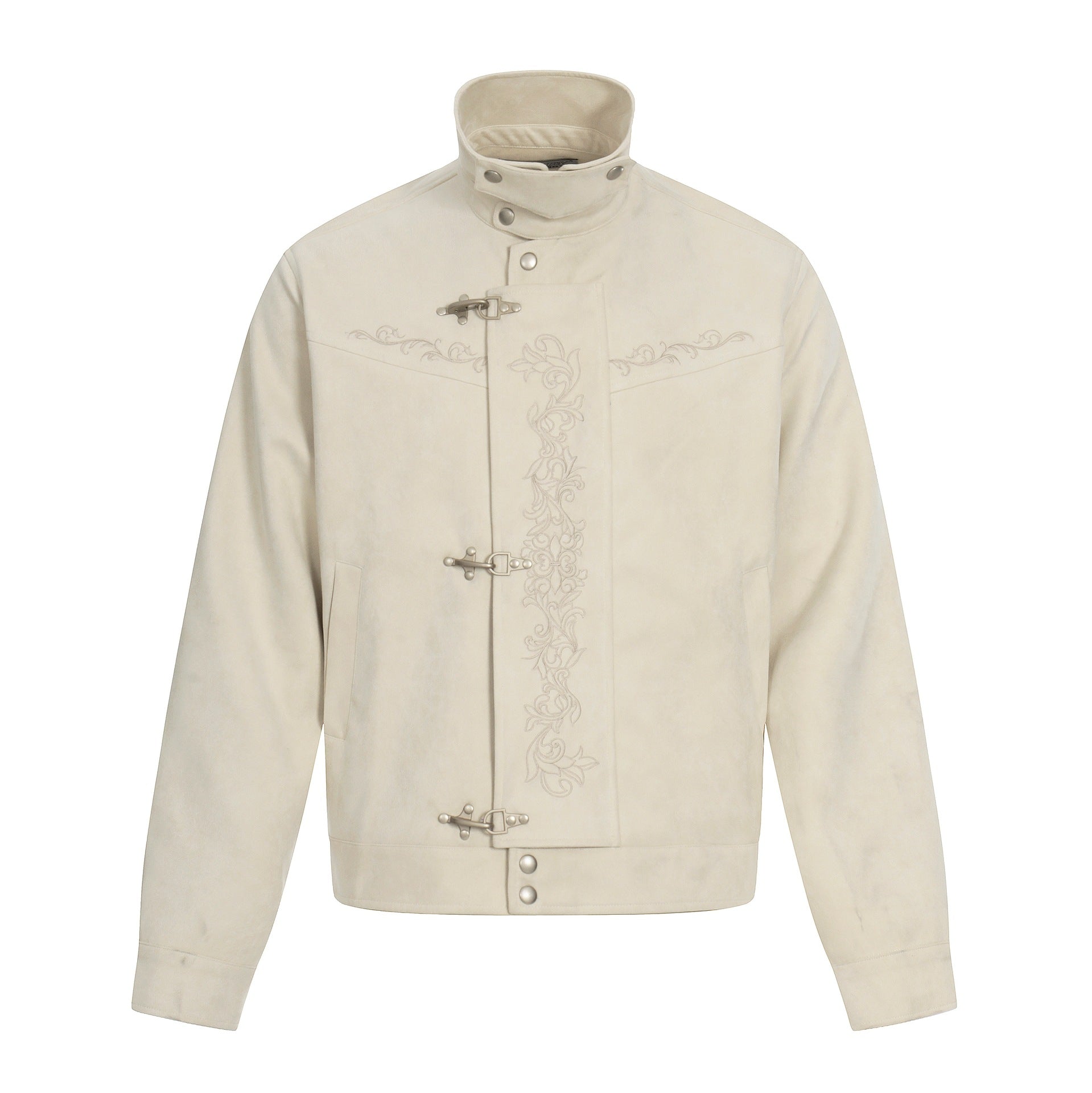 Men's short-cut suede leather blouson with stand-up collar, decorative embroidery, and toggle closure Chichicherry