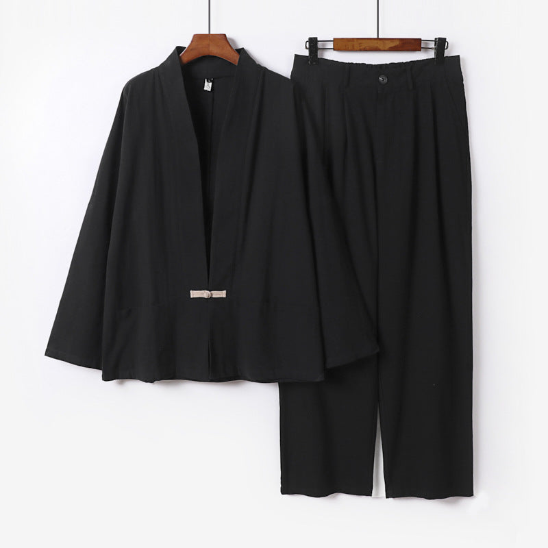 Women's Kimono Lounge Set made of lightweight viscose-linen with decorative toggle closure and wide waistband pants Chichicherry