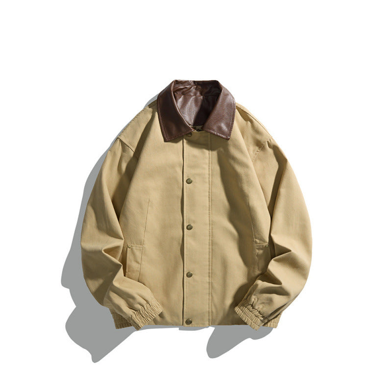Men's short-cut blouson jacket with faux leather collar, snap button placket, and elastic cuffs Chichicherry