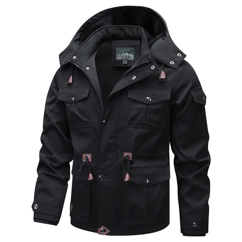 Men's Military-Inspired Canvas Parka with Teddy Fleece Lining and Adjustable Waist Drawstring Chichicherry
