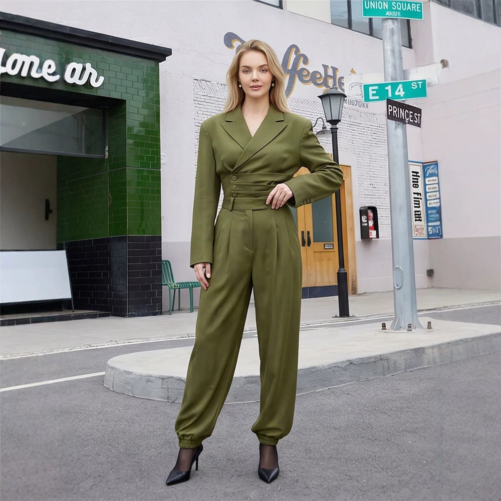 Women's Tailored Blazer Set with Asymmetrical Button Closure and Relaxed Pleated Trousers Chichicherry