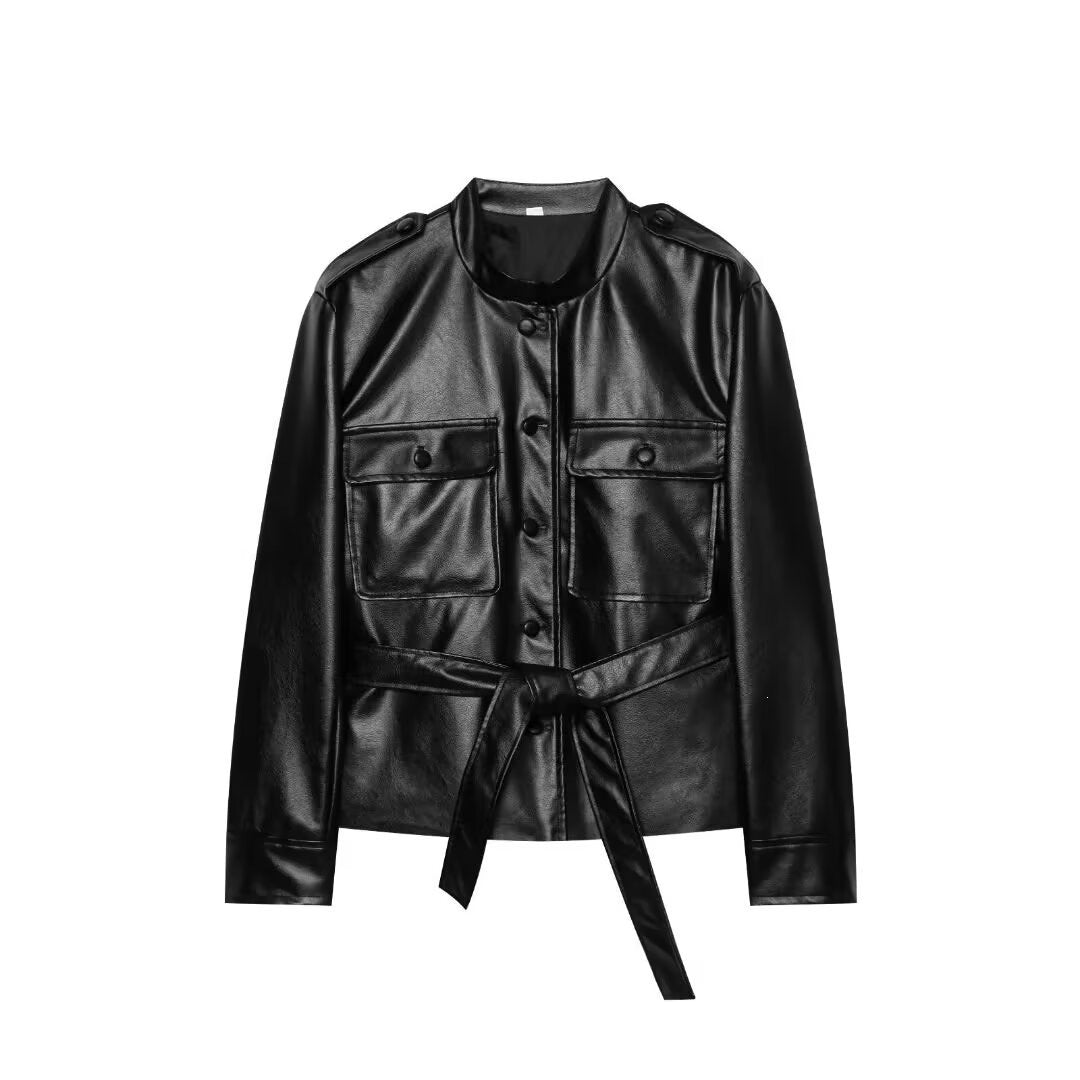 Women Cropped Safari Jacket made of vegan leather with tying belt and epaulettes Chichicherry
