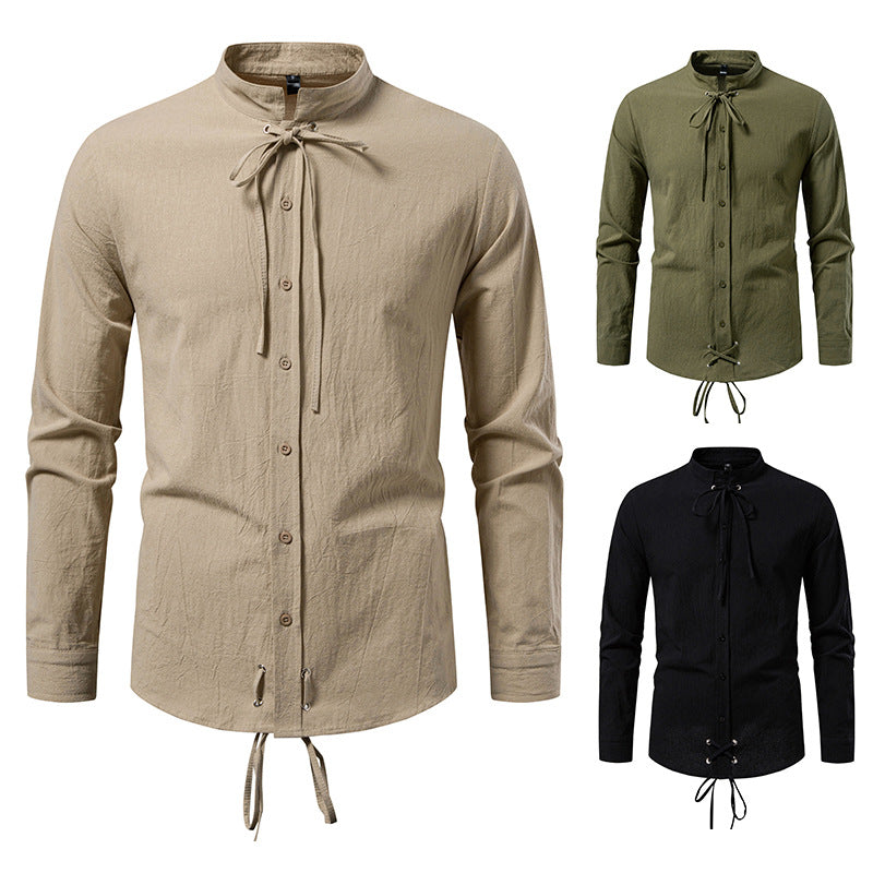 Men's Tailored Long Sleeve Shirt with Stand-Up Collar and Decorative Lacing Chichicherry