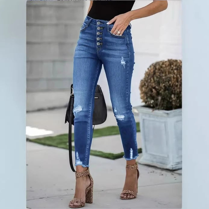 Women's High-Waisted Skinny Jeans with Visible Button Placket, Destroyed Knee Areas, and Raw Ankle Hem Chichicherry