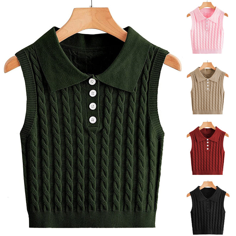 Ladies Sleeveless Knit Vest with Polo Collar and Cable Pattern Chichicherry